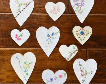 10 Vintage Embroidered Hearts...Appliques, Patches, Pieces, Lot #40...Hand Cut & Reinforced for Slow Stitching, Journals, Clothing Adornment