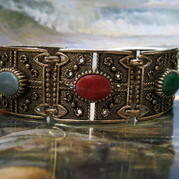 Vintage Sarah Coventry Bracelet, Heavy Links, Multi Colored Cabochons ... 1960s