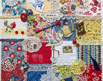 Mega Slow Stitch Inspiration Kit,"It's Primary" Red, Blue, Yellow...Vintage, Laces, Old & New Fabrics, Threads, Images, Embellishments- CIK4