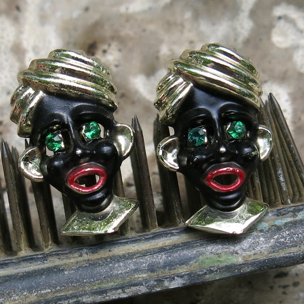 Vintage African Blackamoor Aboriginie Figural Earrings ... Rare African jewelry, aboriginal jewelry ... black enamel faces, rhinestone eyes
