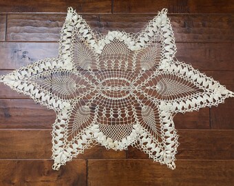 Antique Very Large 41.5" RARE Crochet Lace Doily, Satin Ribbon Braiding Intertwined Handmade Crochet Table Centerpiece, Pineapple Pattern