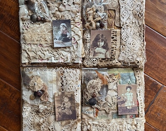 Primitive Vintage, Antique Fabric & Crochet Lace Bundle, Texture, Pattern, Tattered...20 Textile Pieces, Cotton Image, Buttons, Yoyo, Plus