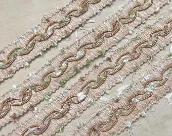 SALE -Last Piece Vintage French Passementerie Woven Braid Trim, Blush, Salmon Haberdashery Yardage, Swag,Tufted Fiber, Flesh Braid Gimp Trim