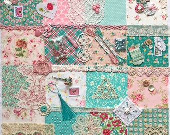 Mega Slow Stitch Inspiration Kit  "Cottage Garden" Pink, Blue-Green, Vintage, Laces, Old & New Fabrics, Threads, Images, Embellishments-CIK5