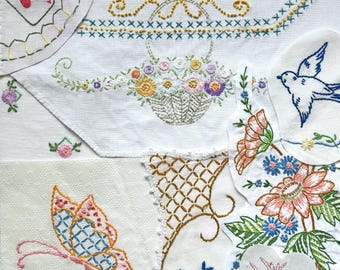 20 Vintage Embroidery Pieces, Fragments, Patches, Appliques, Fussy Cut Scrap Pack ... for Slow Stitch, Collage Journals, Crazy Quilting...