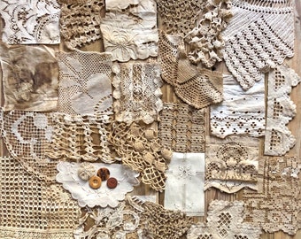 Vintage & Antique Primitive Linen, Lace, Fabric Texture Bundle...20 Pieces/Fragments Buttons, Yoyo, Feather + EXTRA...Slow Stitching Collage