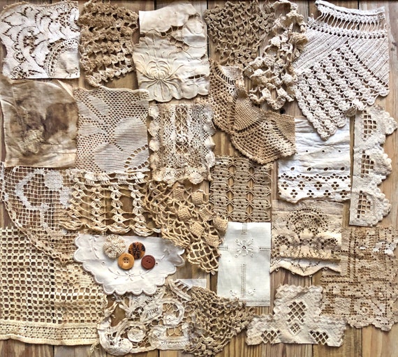 Vintage, Antique Fabric & Crochet Lace Bundle, Texture, Pattern...22 Primitive Textile Pieces, Tattered, +BONUS...Slow Stitch, Junk Journals