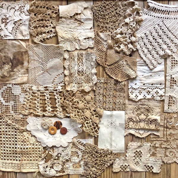 Vintage & Antique Textile Bundle...Primitive Texture Pieces ... Buttons, Yoyo + MORE ADDED ... Slow Stitch, Junk Journals, Fabric Arts