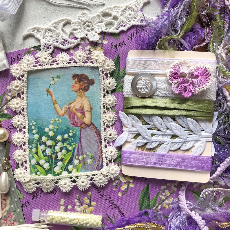 Embellishment Inspiration Kit 259...Lily of the Valley Return to Happiness The Language of Flowers...Vintage Elements, Fabric & Fiber Arts image 4