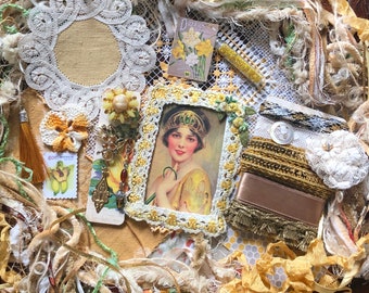 Embellishment Inspiration Kit 260...Yellow, Gold Flapper ... Vintage Elements, Slow Stitch, Mixed Media Art, Junk Journals, Quilting