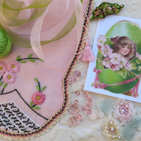 Vintage Victorian Inspiration Kit #1 ... Pink,Green Collection ... Embroidered Silk Linen, Fabric Image, Girl, Flowers, Ribbon, Beads