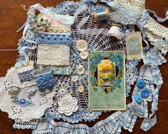 Vintage Enchanting Elements ... True Blue  ...Embellishment Collection, Junk Journals, Collage, Slow Stitch, Fabric Arts, Supplies