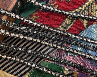 2 YDS Vintage Gold Tinsel & Black Ribbon Passementerie Trim, Golden Beige Dashes...Lampshades, Period Crazy Quilts, Dolls, Pillows, Costumes