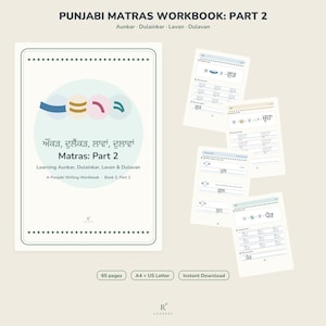 Peut inclure: Un cahier d'exercices Punjabi Matras Partie 2 avec une couverture blanche présentant des symboles de voyelles colorés, du texte en pendjabi et le titre Learning Aunkar, Dulainkar, Lavan & Dulavan. Quatre pages intérieures montrent des exercices.