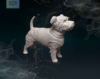 May include: A white 3D printed figurine of a small dog wearing a sweater. The dog is standing on a dark blue background with a white, swirling pattern.