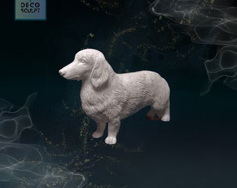 May include: White ceramic dachshund figurine with a long, slender body and short legs. The figurine is standing on a dark blue background.