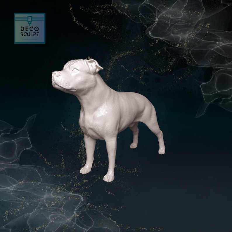 May include: A white 3D printed model of a Staffordshire Bull Terrier dog standing on a dark blue background.