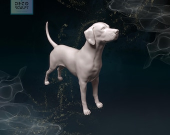 May include: A white ceramic sculpture of a dog standing on a dark blue background with a light gold sparkle effect.