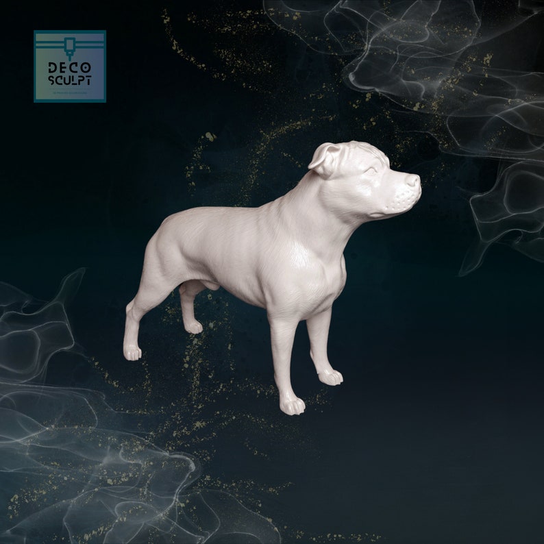 May include: White painted figurine of a Staffordshire Bull Terrier standing on a dark blue background.