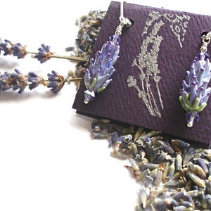 Lavender Glass Bead Earrings in Purple Rose Color with Dried Lavender Sachet Buds image 4