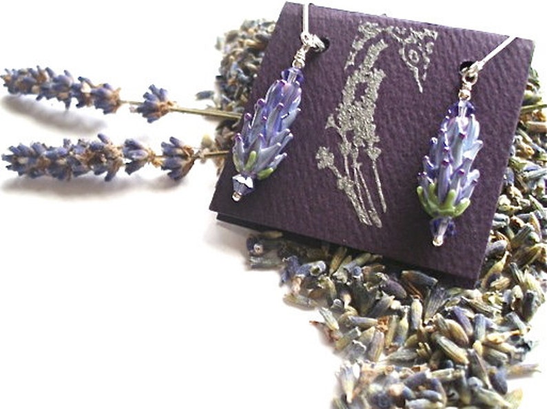 Lavender Glass Bead Earrings in Purple Rose Color with Dried Lavender Sachet Buds image 4