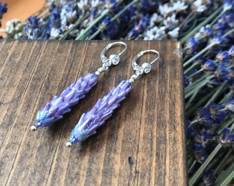 Lavender Dangle Earrings Glass with Cubic Zirconia Ear Wires