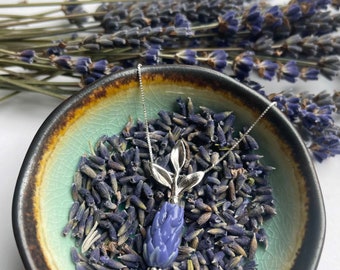 Botanical Lavender Pendant Stoechas Flower Pendant in Blue