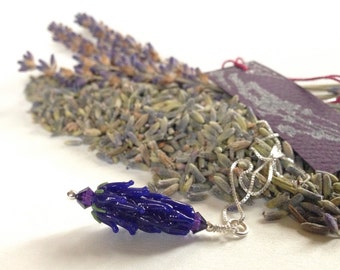 Lavender Glass Bead Pendant in Dark Blue with Dried Lavender Sachet Buds