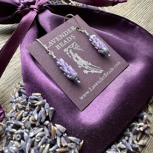 Lavender Glass Bead Earrings in Purple Rose Color with Dried Lavender Sachet Buds image 3