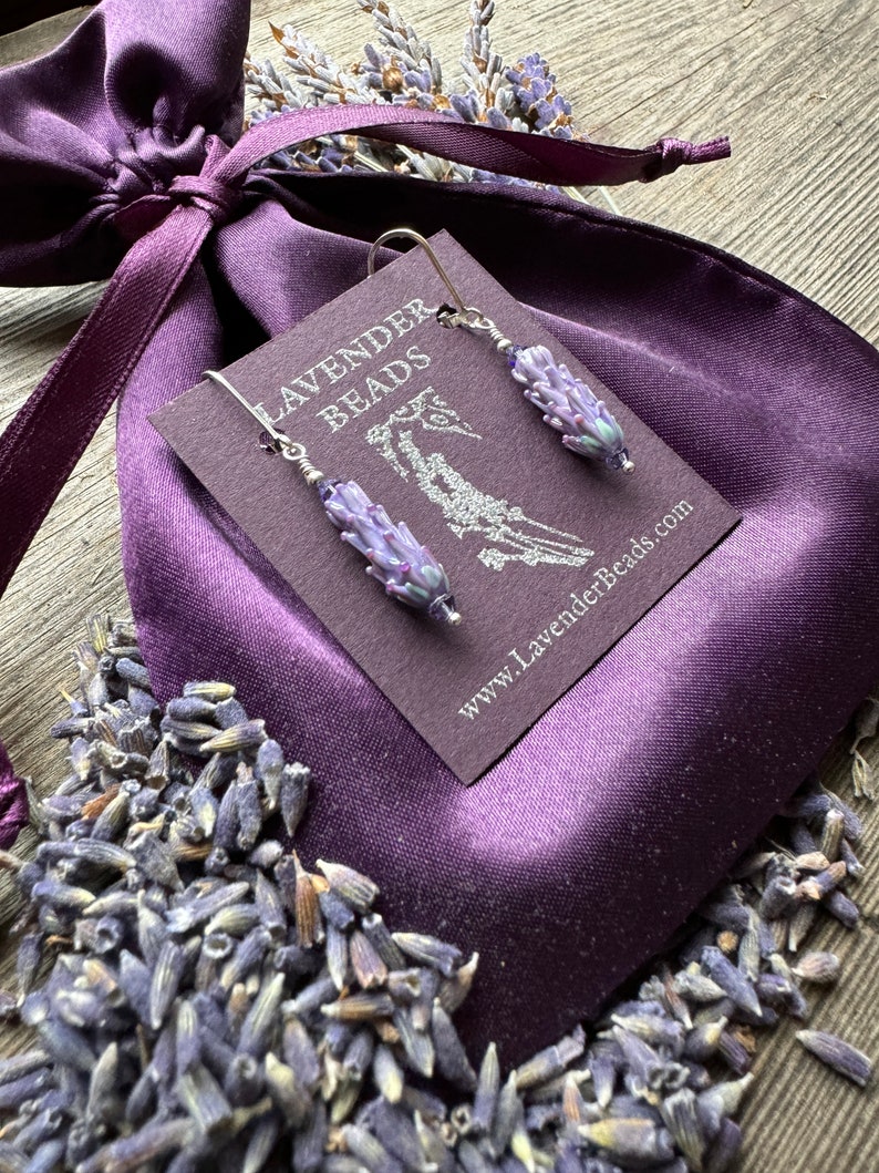 Lavender Glass Bead Earrings in Purple Rose Color with Dried Lavender Sachet Buds image 3