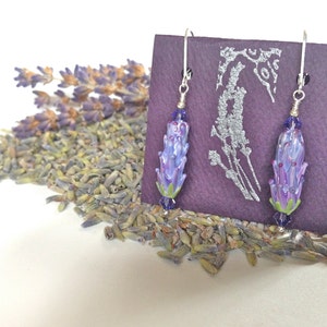 Lavender Glass Bead Earrings in Purple Rose Color with Dried Lavender Sachet Buds image 1