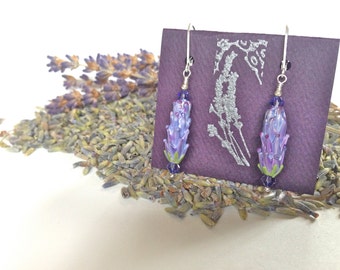 Lavender Glass Bead Earrings in Purple Rose Color with Dried Lavender Sachet Buds