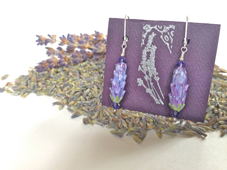 Lavender Glass Bead Earrings in Purple Rose Color with Dried Lavender Sachet Buds image 1