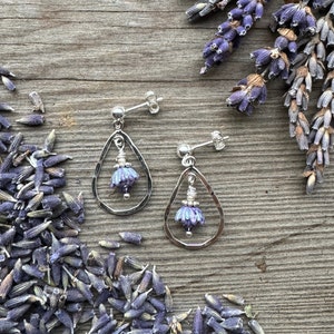 Lavender Bud Teardrops Hammered Silver Post Earrings Small