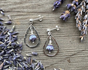 Lavender Bud Teardrops Hammered Silver Post Earrings Small