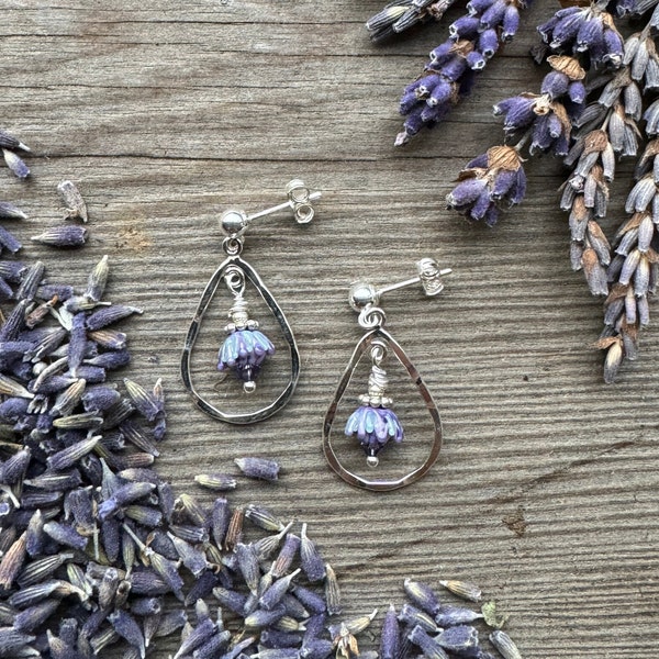 Lavender Bud Teardrops Hammered Silver Post Earrings Small