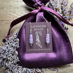 Lavender Glass Bead Earrings in Purple Rose Color with Dried Lavender Sachet Buds image 2