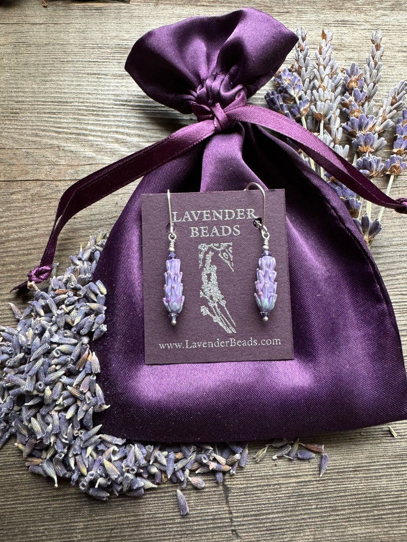 Lavender Glass Bead Earrings in Purple Rose Color with Dried Lavender Sachet Buds image 2