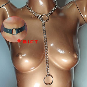 Puede incluir: Un collar gargantilla de cadena plateada con dos anillos grandes de plata. La cadena está unida a un collar de cuero negro con un anillo de plata.