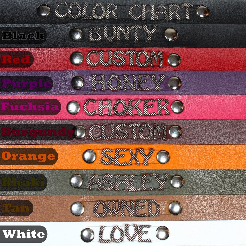May include: Color chart showing different leather bracelet colors with various names embossed on each. The colors include black, red, purple, fuchsia, burgundy, orange, khaki, tan, and white.
