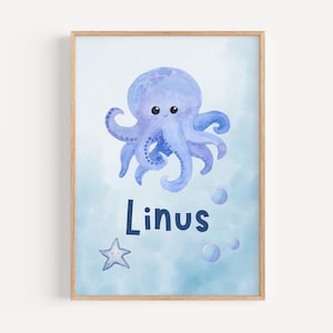 Póster infantil personalizado - Mundo submarino con pulpos y estrellas de mar como regalo de cumpleaños o Navidad