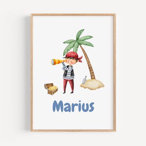 Póster infantil personalizado con niño pirata y tesoro: regalo para cumpleaños, Navidad o inscripción escolar
