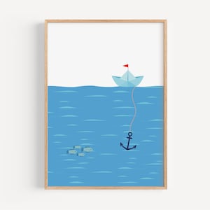 Poster marittimo con nave di carta e ancora per soggiorno, camera da letto, studio