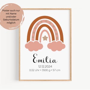 Póster infantil de nacimiento personalizado con nombre y fecha de nacimiento - arcoíris como regalo de nacimiento o cumpleaños