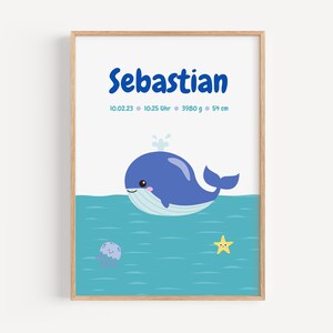 Póster infantil personalizado de nacimiento con nombre y fecha de nacimiento - motivo de ballena como regalo de nacimiento o Navidad