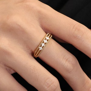 Art Deco Wedding Band, 14K Solid Gold Moissanite Wedding Ring, Beaded Shank Bridal Ring, Stackable Ring Dainty Promise Ring Anniversary Ring