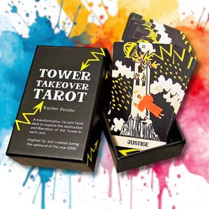 Tower Takeover Tarot Deck | Black White Yellow Cards, Guidebook (79 Cards)