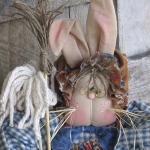 May include: A handmade rag doll bunny wearing a blue and white plaid dress, brown and white floral fabric, and a red button. The bunny has long brown hair, brown eyes, and is holding a broom and a mop.
