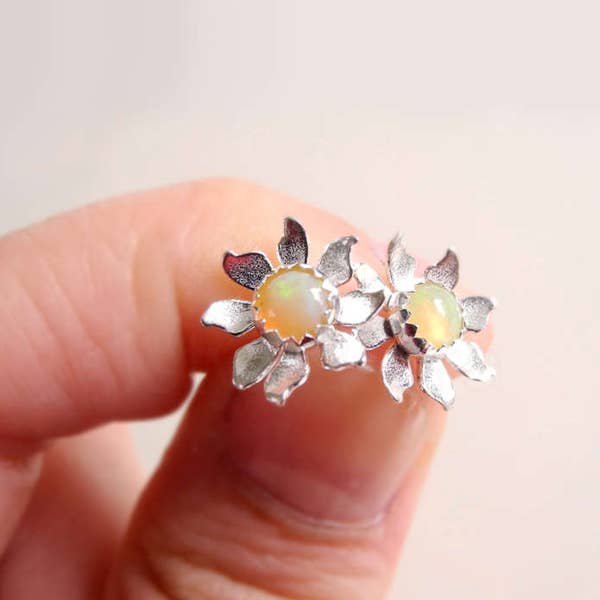 Birthstone Jewelry, Opal Earrings, Sterling Silver Flower Earrings, Opal Jewelry, Silver Flower Studs, Gift for Her, Gemstone Earring Studs