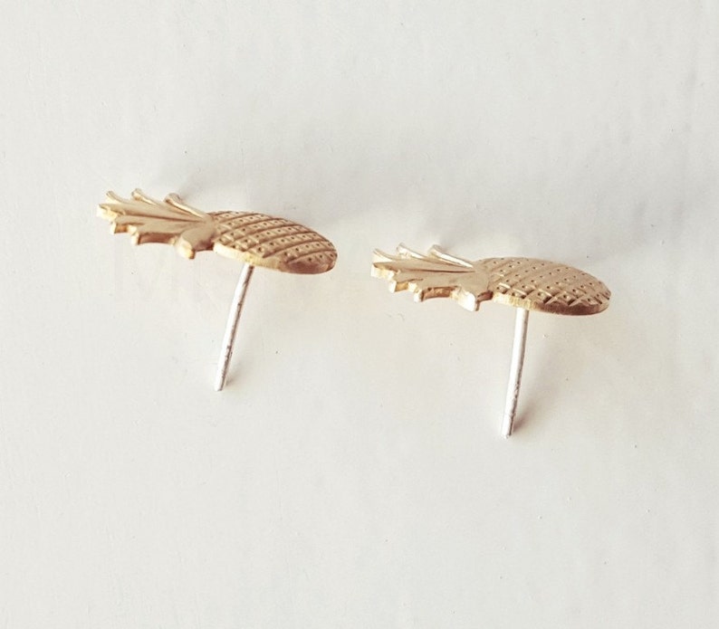 Tropical Earrings Golden Brass Earrings Fruit Jewelry Pineapple Earrings Sterling Silver Hypoallergenic Summer Jewelry Summer Studs
